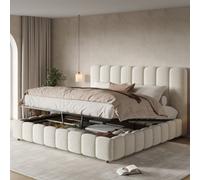 Matteo King Size Upholstered Ottoman Bed Frame With Hydraulic Storage, Bou abric & Padded Headboard - White