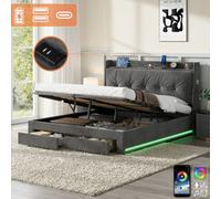 Matteo King Size Upholstered Ottoman Bed Frame With Led Lighting, Storage Drawers & Charging Station - Grey