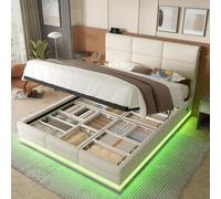 Matteo King Size Velvet Upholstered Bed Frame With Hydraulic Lift Storage, Adjustable Headboard, Led & Usb Charging - Beige