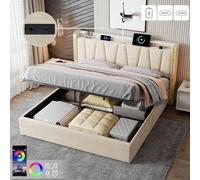 Matteo King Upholstered Bed Frame - Hydraulic Storage, LED, Charging - Beige Matteo Beige King