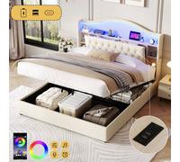 Matteo King Upholstered Bed Frame, Hydraulic Storage & LED Headboard, Beige Matteo Beige King