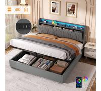 Matteo King Upholstered Bed Frame - Hydraulic Storage, LED Headboard - Grey Matteo Grey King