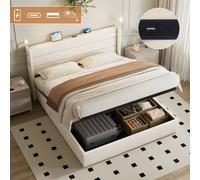 Matteo King Upholstered Hydraulic Storage Bed - Charging & LED Light - Beige Matteo Beige King