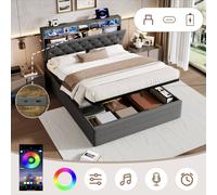 Matteo King Upholstered Hydraulic Storage Bed, LED & Charging in Grey Matteo Grey King