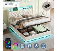 Matteo King Upholstered Ottoman Bed Frame - Hydraulic Storage, LED & USB in Beige Matteo Beige King