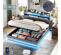 Matteo King Upholstered Ottoman Bed With Rgb Led Headboard, Usb & Type-C Charging, & Hydraulic Storage - Grey Linen