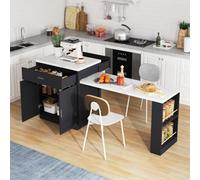 Matteo Kitchen Island With Extendable Dining Table, Charging Station, Storage & Marble-Effect Top