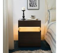 Matteo Led Nightstand, 3-Drawer Bedside Table With Acrylic Board & Rgb Lighting, Walnut Effect