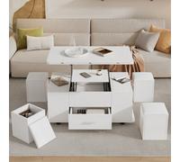 Matteo Lift Top Coffee Table Set With 4 Stools, Convertible Dining & Work Desk, White, 100X50X45Cm