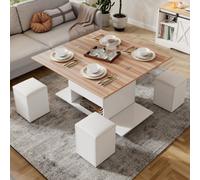 Matteo Lift Top Coffee Table Set With Storage & 4 Chairs - White & Natural Wood Finish