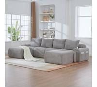 Matteo Light Grey 4-Seater Modular Corduroy Sofa With 2 Ottomans & Cup Holders - Freely Configurable