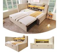 Matteo Linen Upholstered Daybed with Trundle, Storage & USB/LED - Beige | Size: Single Matteo Beige Single