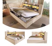 Matteo Linen Upholstered Double Bed Frame With Hydraulic Storage, Led Lighting & Usb Charging - Beige