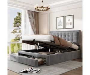 Matteo Luxurious Double Upholstered Bed 4Ft6 With Large Storage Space, Headboard, Grey Velvet Fabric