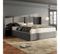 Matteo Luxurious Grey Velvet Super King Ottoman Bed Frame With Usb, Sockets & Bedside Tables