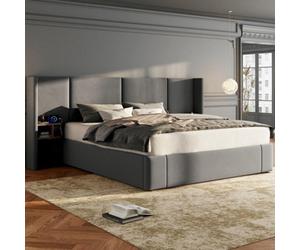 Matteo Luxurious Grey Velvet Super King Ottoman Bed Frame With Usb, Sockets & Bedside Tables