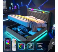 Matteo Luxurious King Ottoman Bed With Led Surround, Hydraulic Storage, Charging Function, 5Ft, Linen Grey