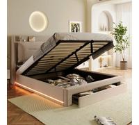 Matteo Luxurious King Size Beige Velvet Ottoman & Drawer Storage Bed With Led Lights, 150X200Cm