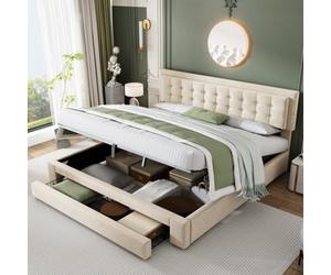 Matteo Luxurious King Size Upholstered Bed With Large Storage And Headboard, Velvet Fabric, Cream