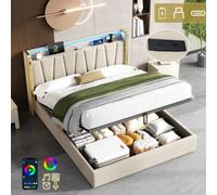 Matteo Luxury 4Ft6 Double Upholstered Bed Frame With Hydraulic Storage, Led Headboard & Usb-C Charging - Beige Linen