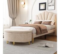 Matteo Luxury Beige Velvet Single Bed Frame With Scalloped Headboard And Storage Bench, 90X190Cm