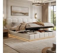 Matteo Luxury Cream White Bouclé Super King Ottoman Bed, Hydraulic Lift Storage, Scalloped Headboard & Integrated Led