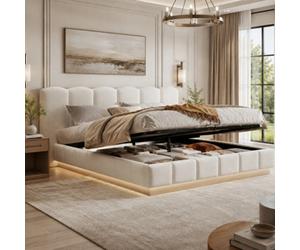 Matteo Luxury Cream White Bouclé Super King Ottoman Bed, Hydraulic Lift Storage, Scalloped Headboard & Integrated Led