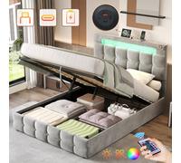 Matteo Luxury Grey Velvet Ottoman Double Bed Frame With Hydraulic Storage, Led, Usb/type-C Charging & Adjustable Headboard
