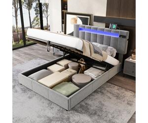 Matteo Luxury Grey Velvet Ottoman Double Bed With Hydraulic Storage, Bluetooth Stereo, Usb, & 7-Colour Led Lights