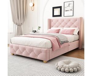 Matteo Luxury Pink Velvet 3Ft Single Upholstered Bed Frame With Button Tufted Headboard & Rivet Detail - Slatted
