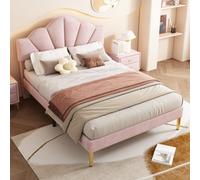 Matteo Luxury Pink Velvet Double Bed Frame With Adjustable Shell Headboard, Golden Legs & Wood Slats - 4Ft6 (135X190Cm)