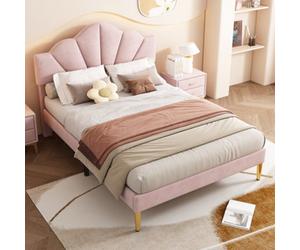 Matteo Luxury Pink Velvet Double Bed Frame With Adjustable Shell Headboard, Golden Legs & Wood Slats - 4Ft6 (135X190Cm)