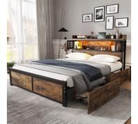 Matteo Metal Bed, 4ft6 Double Bed With LED Light Strip & 2 Drawers, 3 Charge Port, Youth Bed in Black Matteo Black Double