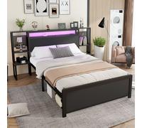 Matteo Metal Bed, Iron Bed, 4ft6 Double Bed With Multi-Color LED Strip Lights & Charging Port in Black | Size: Single Fitted Matteo Black Single Fitted