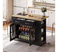 Matteo Mobile Kitchen Island - Foldable Top, Power Sockets - Black/Natural in Black Matteo Black