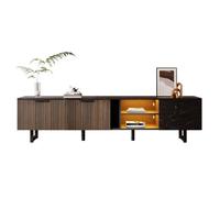 Matteo Modern 200Cm Tv Unit With Black Marble Look Top, Dark Wood Grain Doors, Led Lighting & Robot Vacuum Friendly Legs