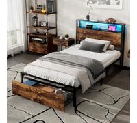 Matteo Modern 3Ft Single Metal Bed Frame With Integrated Led Light, Usb Charging & Under-Bed Storage Drawer - Black & Walnut Effect