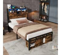 Matteo Modern 3Ft Single Metal Bed Frame With Led Lights, Usb Charging & Storage - Black & Natural Wood Finish