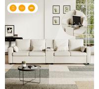 Matteo Modern 4-Seater Beige Linen Sofa With Usb/type-C Charging, Storage Console & Side Pockets