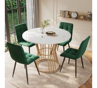 Matteo Modern 5-Piece Dining Set: 100Cm Round White Marble Effect Mdf Table With Gold Metal Legs & 4 Green Velvet Chairs