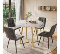 Matteo Modern 5-Piece Dining Table Set, 80Cm White Mdf Table With Gold Metal Legs & Dark Grey Velvet Chairs