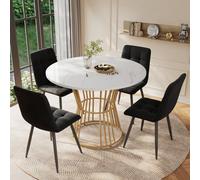 Matteo Modern 5-Piece Round Dining Table Set With White Marble Effect Top & 4 Black Velvet Chairs