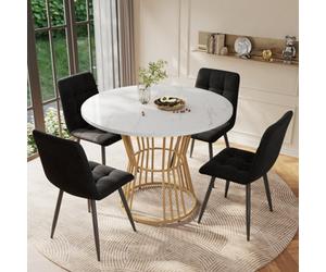 Matteo Modern 5-Piece Round Dining Table Set With White Marble Effect Top & 4 Black Velvet Chairs