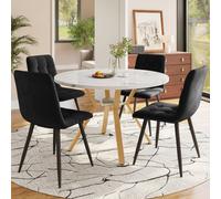 Matteo Modern 5-Piece Round Marble Effect Dining Table Set With 4 Black Velvet Chairs And Gold Metal Legs