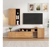 Matteo Modern Adjustable Tv Stand & Wall Unit Set With Display Cabinet - Natural Wood & Black Finish