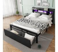 Matteo Modern Black Double Metal Bed Frame With Led Lights, Usb Charging, 2 Drawers & Padded Storage Headboard - 4Ft6