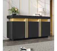 Matteo Modern Black & Gold Sideboard Buffet Cabinet With Faux Marble Top, 3 Doors & Adjustable Shelves, 140Cm Wide