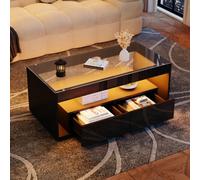 Matteo Modern Black High Gloss Led Coffee Table With Glass Top, Open Storage & 2 Drawers, 100X50Cm