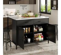 Matteo Modern Black Kitchen Island & Bar Table With Marble Effect Top, Mdf & Metal Frame, Integrated Storage