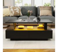 Matteo Modern Black Led Coffee Table With App-Controlled Lighting & 2 Drawers, Open Storage - 100Cm X 50Cm For Living Room